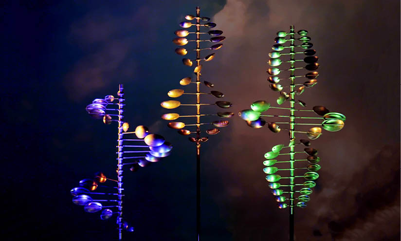 Three tall, colorful, and glowing sticks are standing in a row. AI generated content