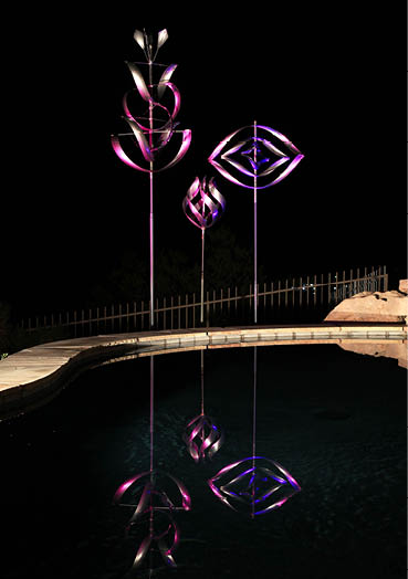 Three purple lights are reflected in a pool of water at night. AI generated content