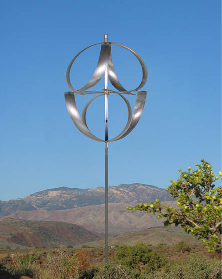 A metal sculpture of a peace sign in a field. Description generated by AI