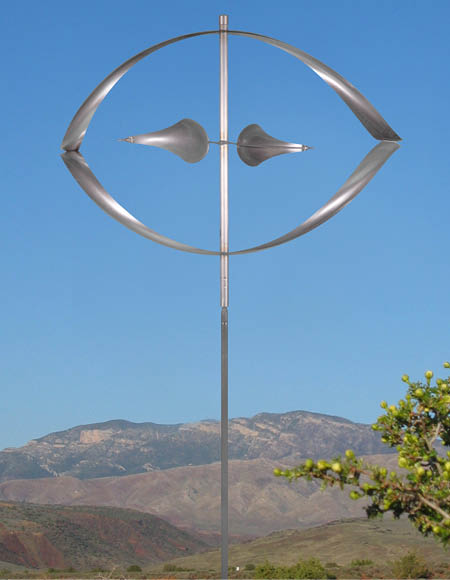 A metal sculpture of a circle with three arrows pointing outwards is displayed in a field. AI generated content