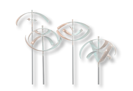 Three metal sculptures of windmills. Description generated by AI